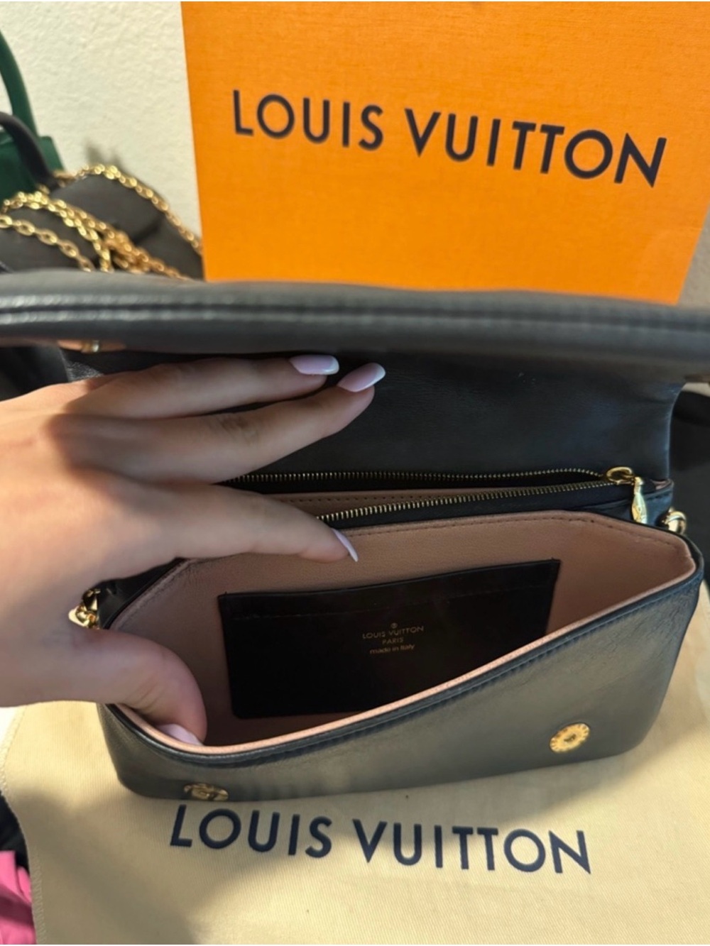 Louis Vuitton Black Monogram-Embossed Crossbody with Gold Chain - Picture 3 of 6